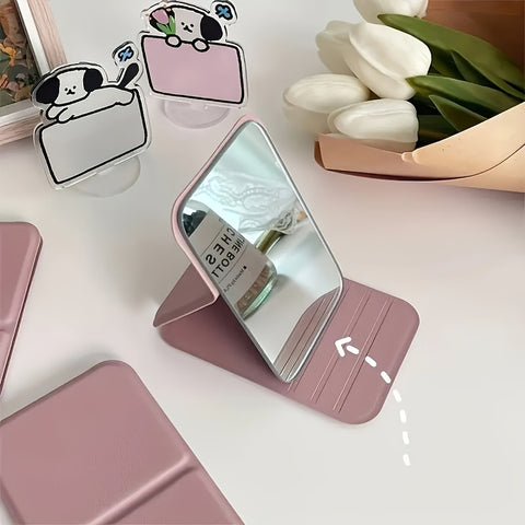 1 Elegant Folding Mini Makeup Mirror with PU Stand, Portable Glass Vanity Tabletop and Hand Wash-Friendly - Perfect for Dorms & Desktops – Daily Essential, Dorm Room Musthave, Compact Design, Smooth Finish, Students Essentials, Beauty Enthusiasts