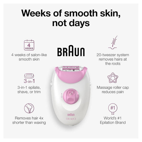 Epilator Silk - epil 3 3 - 270, Hair Removal Device, Epilator Women, Shaver Trimmer, Hair Removal, Facial Hair Removal, Body Hair Removal, Compact Design, Portable Device, Easy to Clean, Smooth Operation, Tweezerman Tool