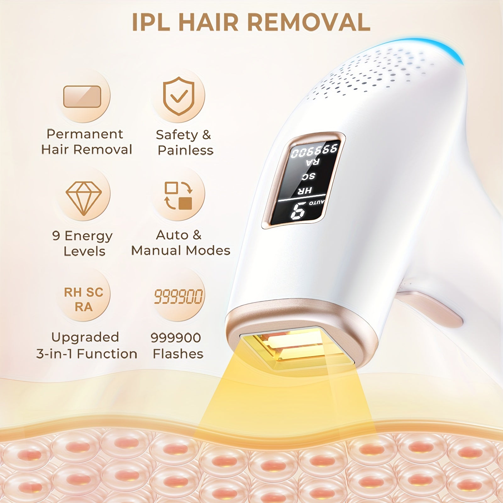 IPL Hair Removal Instrument IPL Permanent Hair Removal Instrument - Large 5cm² Light Area, 9 Levels, HR\u002FSC\u002FRA Modes, 999\u002F900 Flashes, Suitable for Men & Women, Full Body Removal, Ideal Gift for Halloween, Christmas or Any Occasion