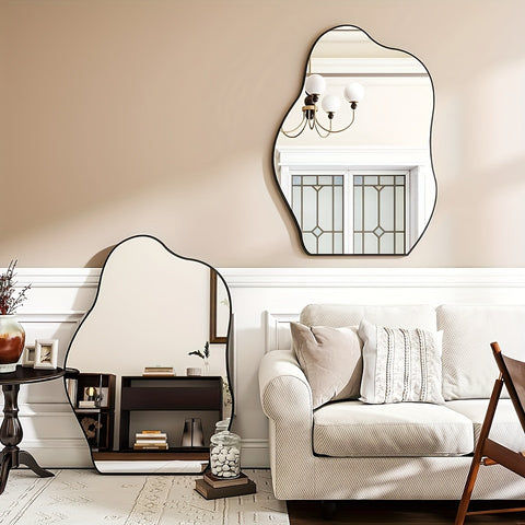 Elegant Asymmetrical Wall Mirror with Wooden Frame - Unique Irregular Shape, Lightweight, Oil-Rubbed Finish for Chic Decor in Living Room, Bedroom, Entryway, Hallway, Mirror Wall Decor