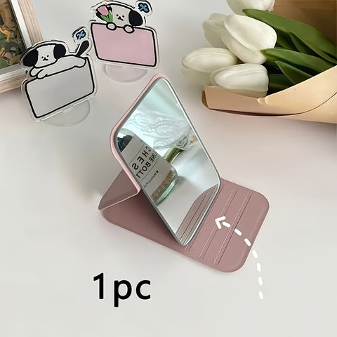 1 Elegant Folding Mini Makeup Mirror with PU Stand, Portable Glass Vanity Tabletop and Hand Wash-Friendly - Perfect for Dorms & Desktops – Daily Essential, Dorm Room Musthave, Compact Design, Smooth Finish, Students Essentials, Beauty Enthusiasts