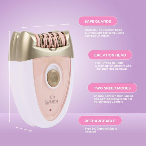Gama Delicare Cordless Rechargeable Epilator for Women - Dual-Speed (2-Speed) Hair Removal Device with LED Light, Bikini Trimmer for Pubic Hair, Non-Standard Battery