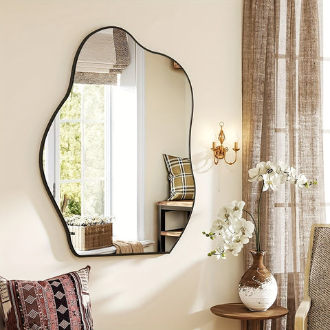 Elegant Asymmetrical Wall Mirror with Wooden Frame - Unique Irregular Shape, Lightweight, Oil-Rubbed Finish for Chic Decor in Living Room, Bedroom, Entryway, Hallway, Mirror Wall Decor