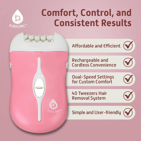 Fe120P Cordless Epilator with 40 Tweezers - Rechargeable 2 Speed Epilators Hair Removal Women - Compact Hair Removal Device Arms, Underarms Bikini Area Pink, Bikini Area Hair Remover, Facial Hair Tweezing, Compact Epilator Device, Dual Speed Epilator